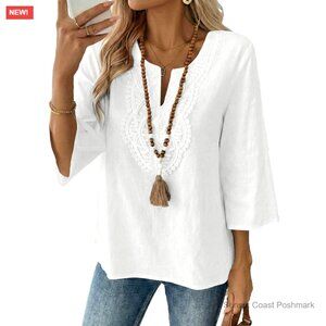 V-Neck Blouse with Embroidered Lace 3/4 Sleeve Tunic Top